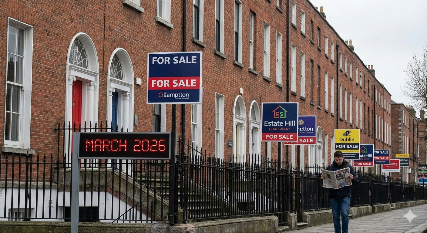 For sale sign outside a rental home in Ireland, representing landlords exiting before March 2026