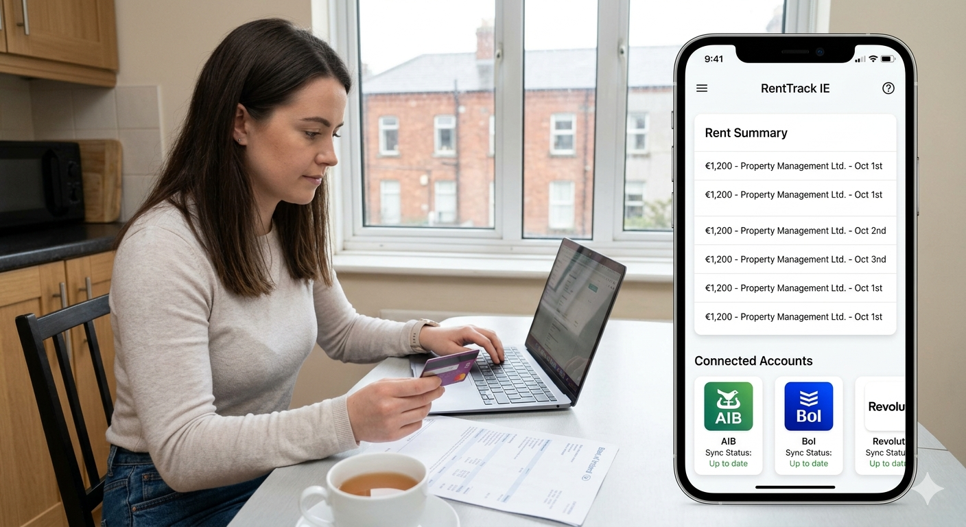 Irish landlord analysing bank statement on laptop to identify rent payments