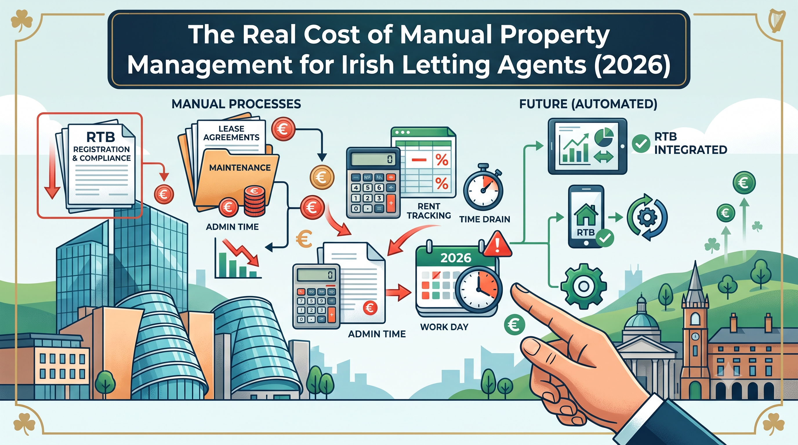 Irish letting agent measuring the true cost of manual property management — admin hours, RTB compliance risk and lost client revenue