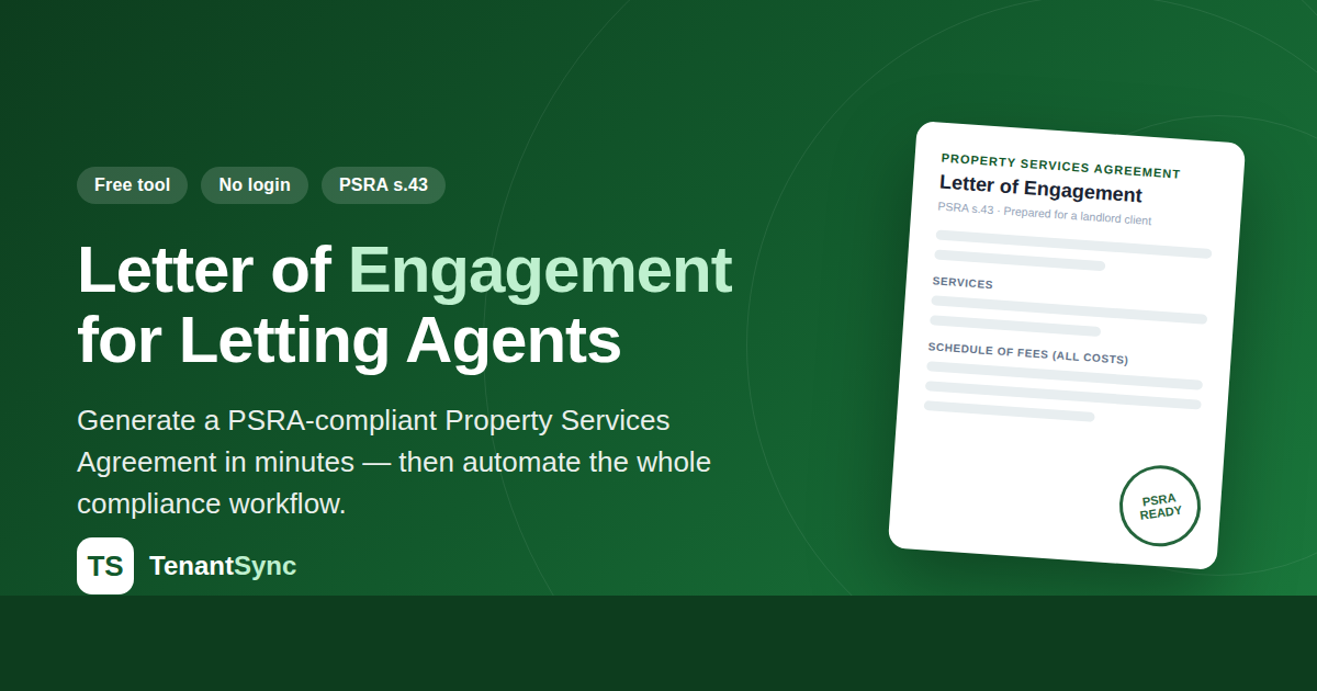 Irish letting agent generating a PSRA-compliant Letter of Engagement for a landlord client on TenantSync