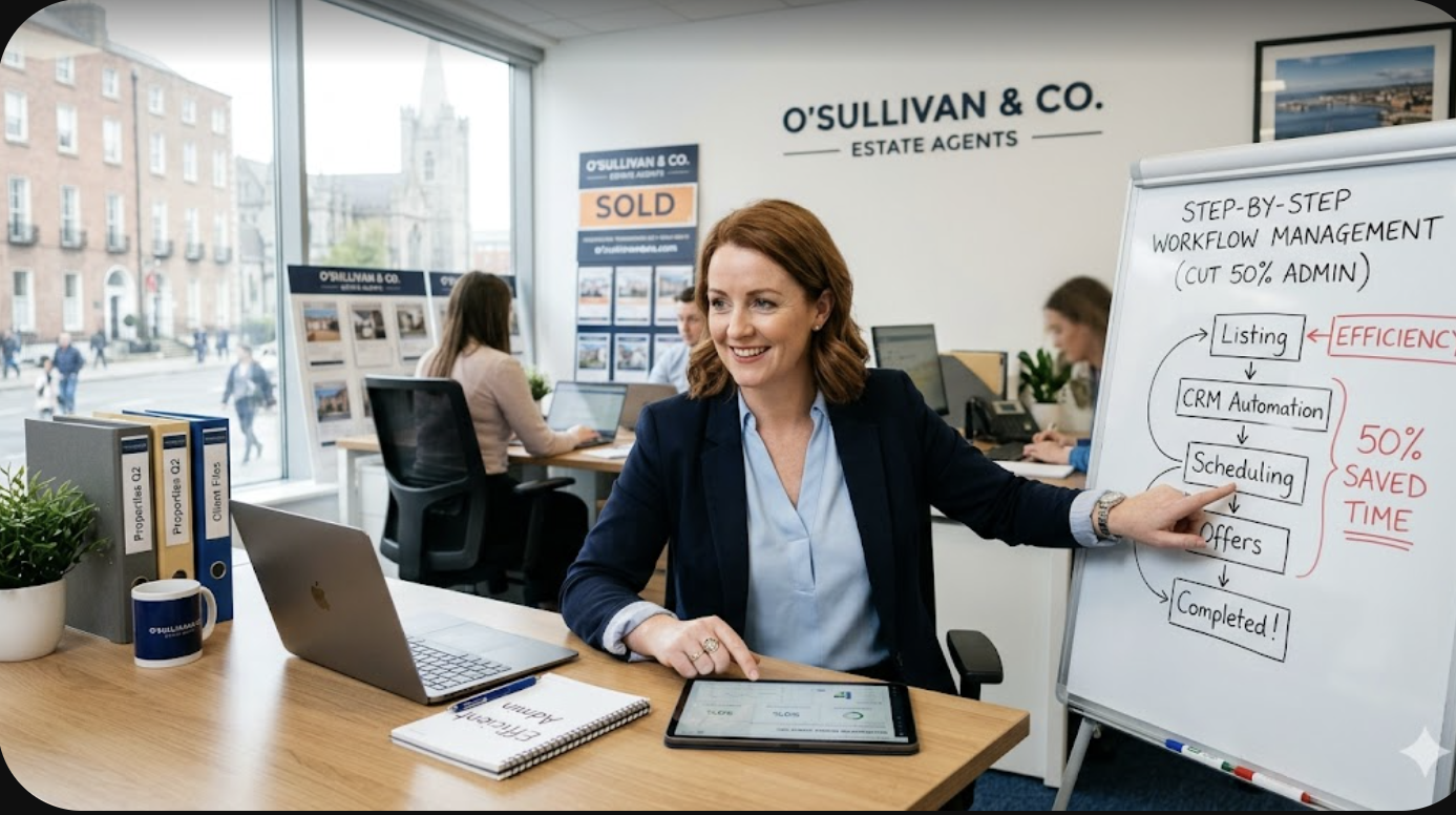 Irish letting agent reviewing a workflow management dashboard that reduces RTB, RPZ and rent reconciliation admin