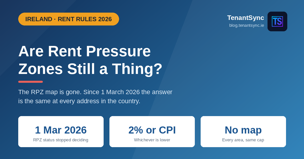 Rent Pressure Zones in Ireland ended on 1 March 2026 and were replaced by a national rent cap of the lower of CPI inflation or 2% a year, applying in every area with no map to check, from TenantSync
